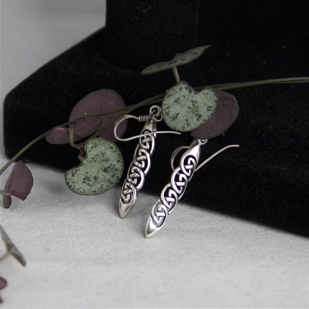 Sterling Silver Celtic Knot Dangle Earrings Elongated Drop 925 Irish Jewelry